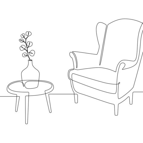Continuous one line drawing of armchair and table with vase with plant. Vintage stylish furniture for living room or loft hotel concept in simple linear style. Doodle vector illustration.